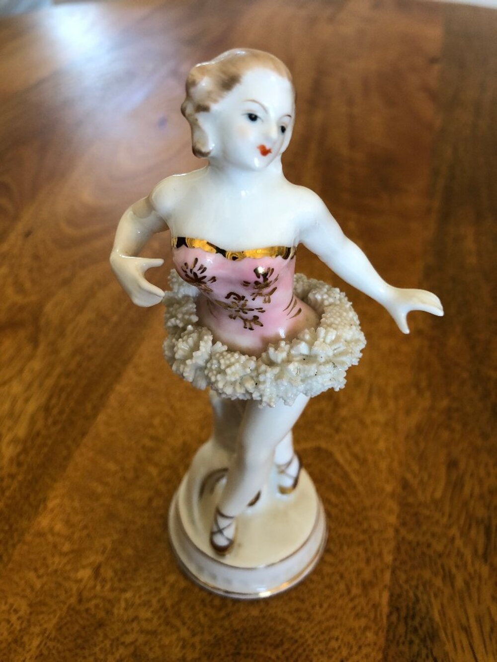 Vintage Ballerina Figurine, Bone China Hand Painted Pink & Gold with TuTu